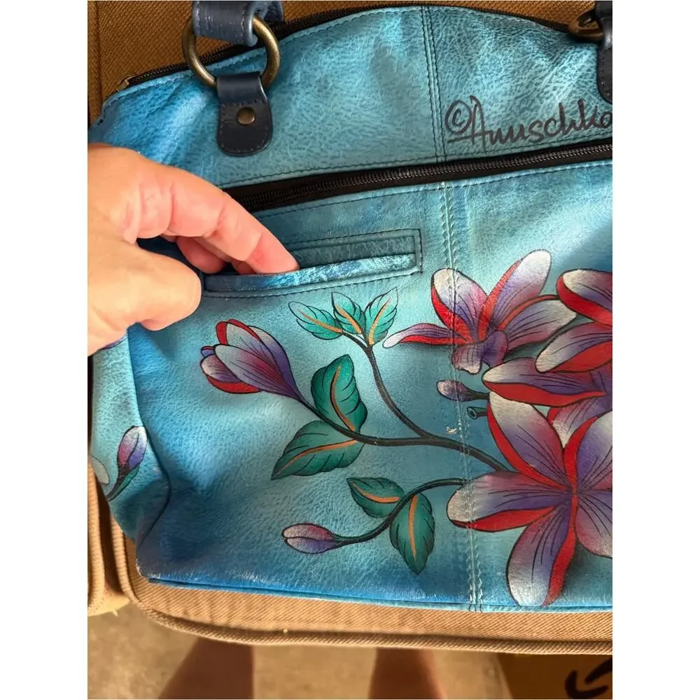 Anuschka Floral Hand Painted Leather Purse Handbag Blue